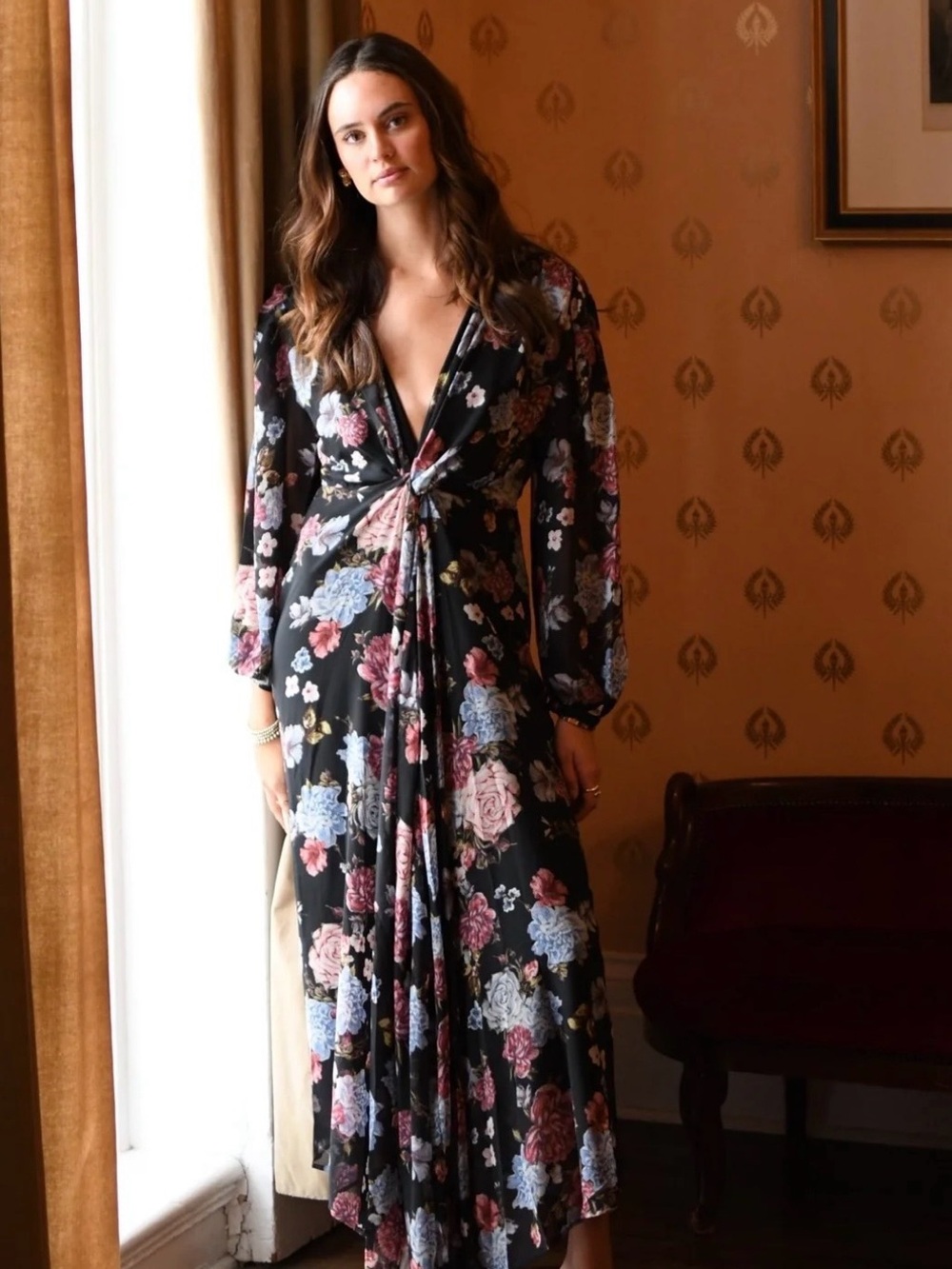 ⁠Dee Elly Black Floral Print Long Sleeve Twist Front Maxi Dress Small⁠